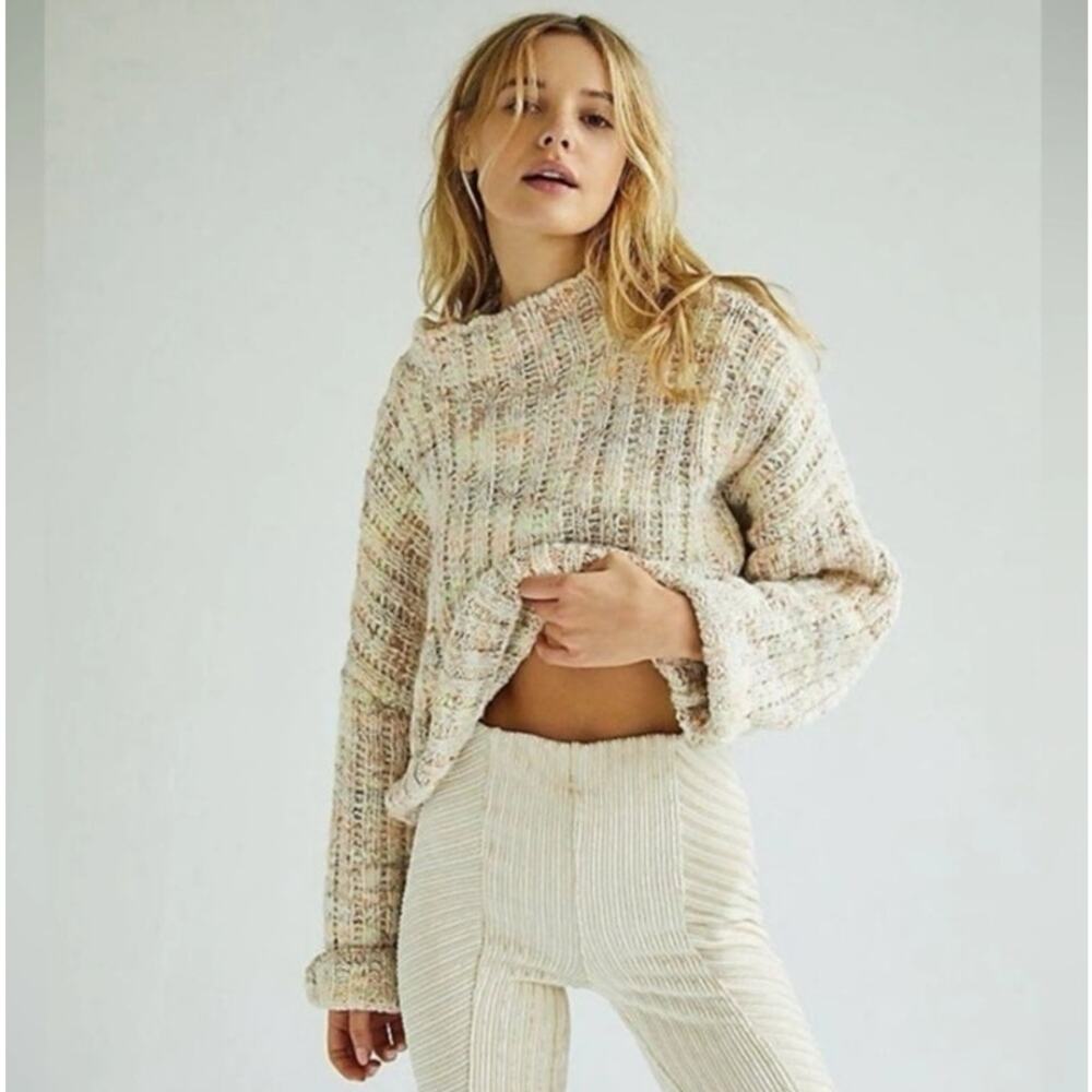 Free People Confetti Cropped Pullover Chunky Knit Sweater Small Boho Festival